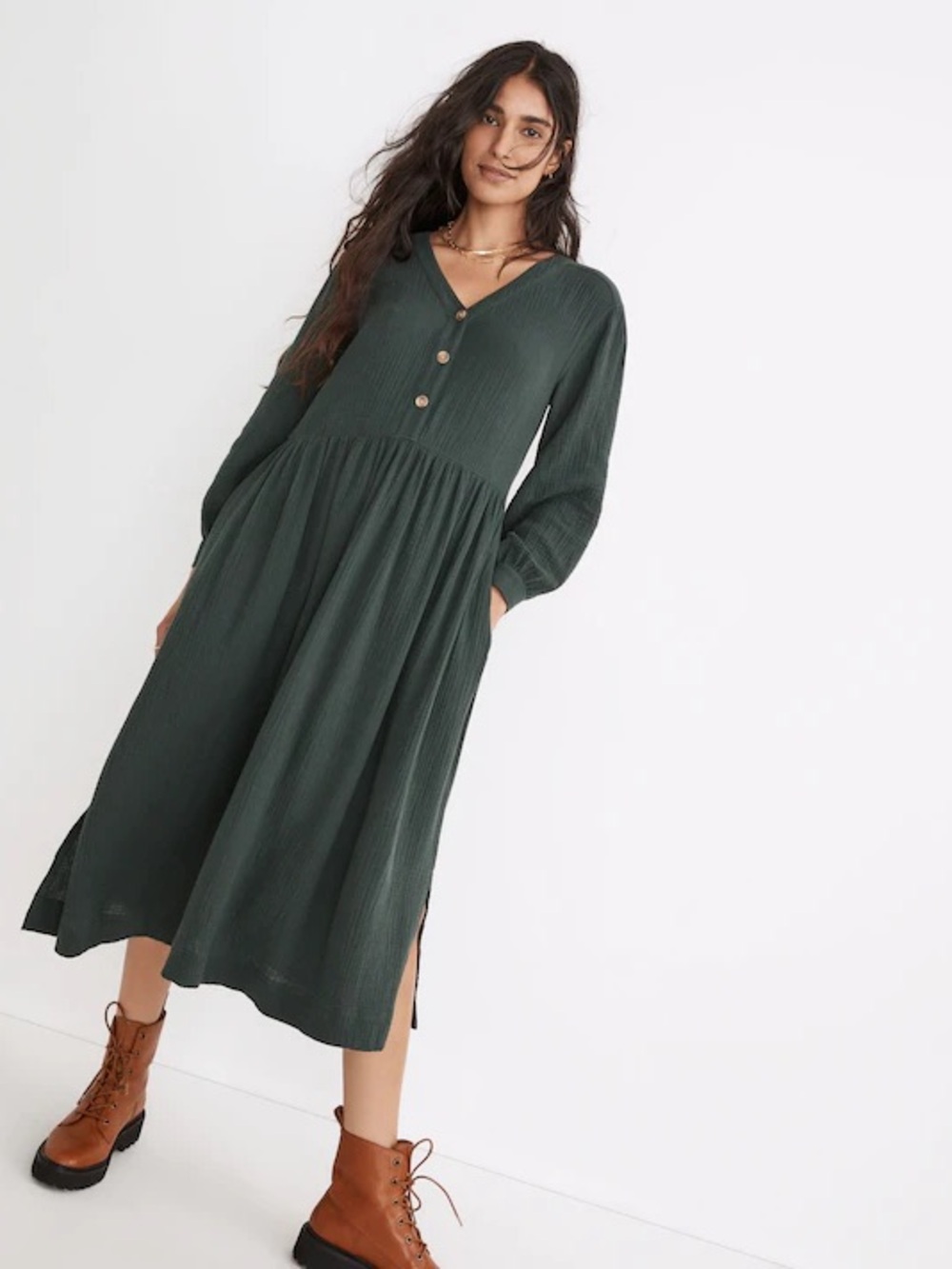 Madewell Dark Forest Green Button-Front V-Neck Midi Dress light spun midi dress